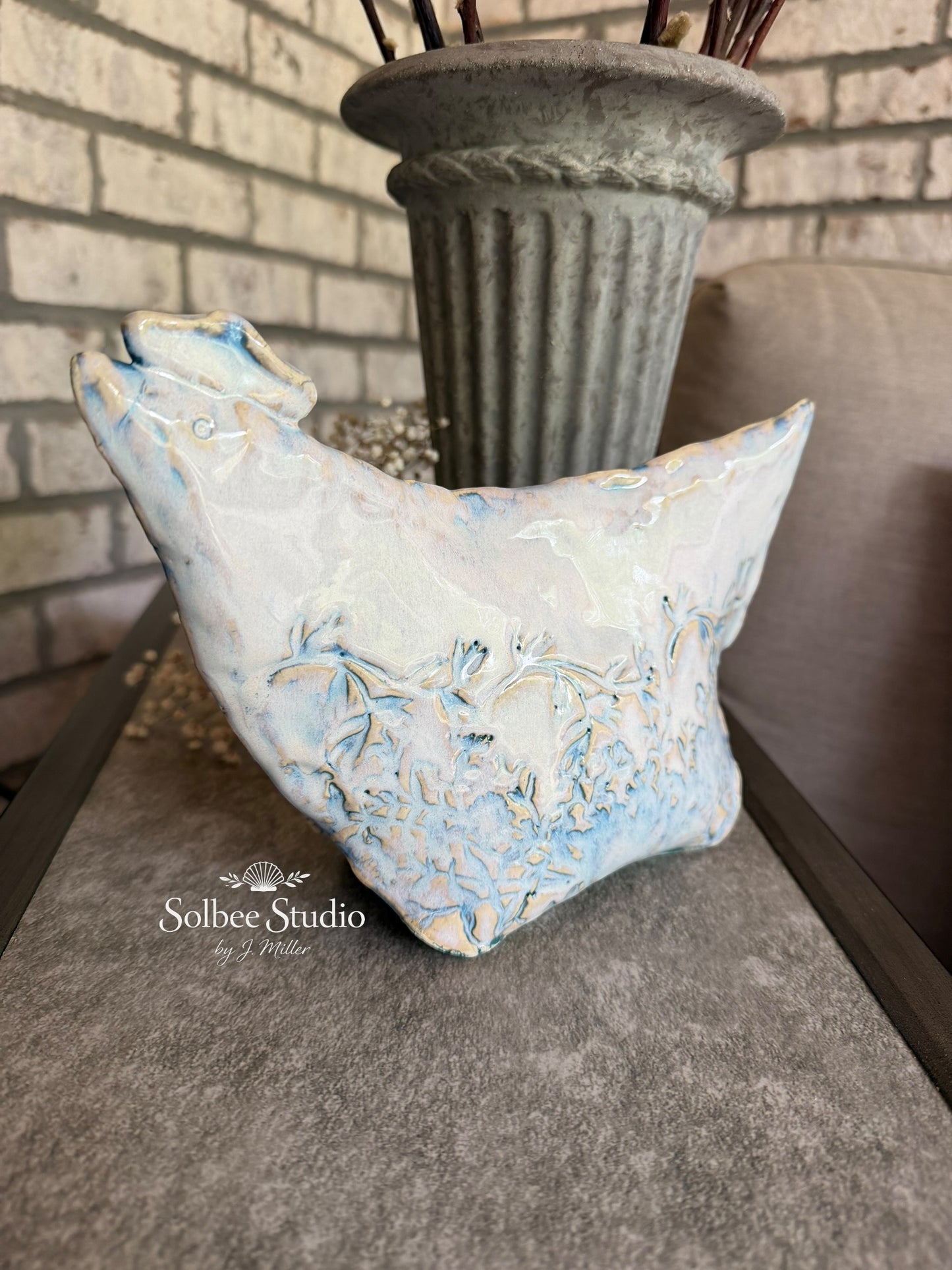 Handbuilt Ceramic Chicken Sculpture | Whimsical Farmhouse Pottery Art | Floral Textured Chicken