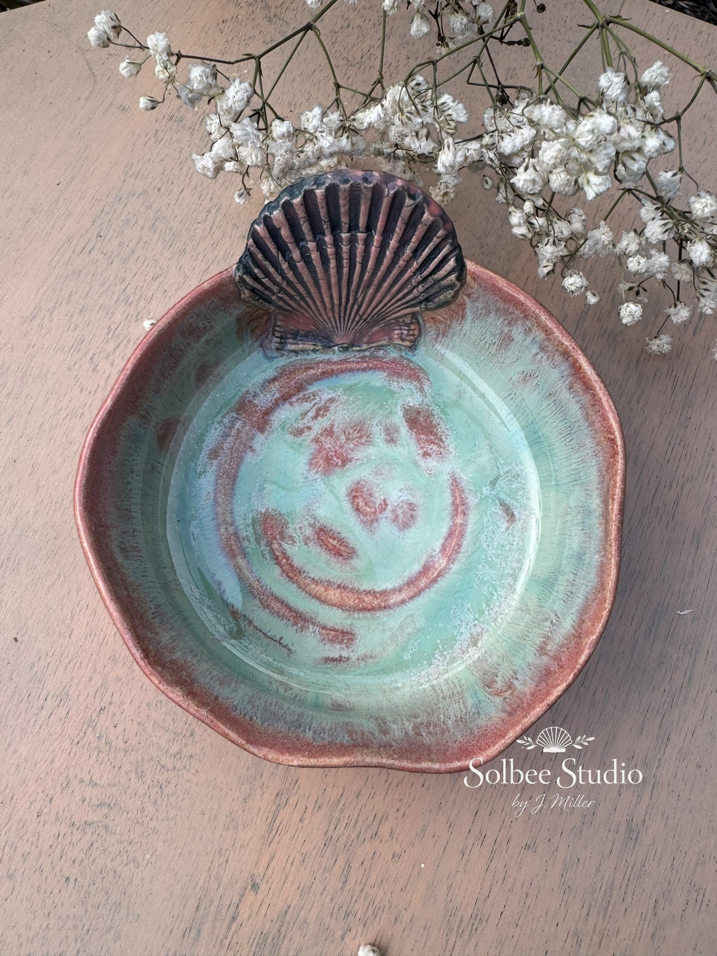 Handmade Ceramic Shell Trinket Dish – Rose Glaze Ring Holder, Rustic Boho Decor