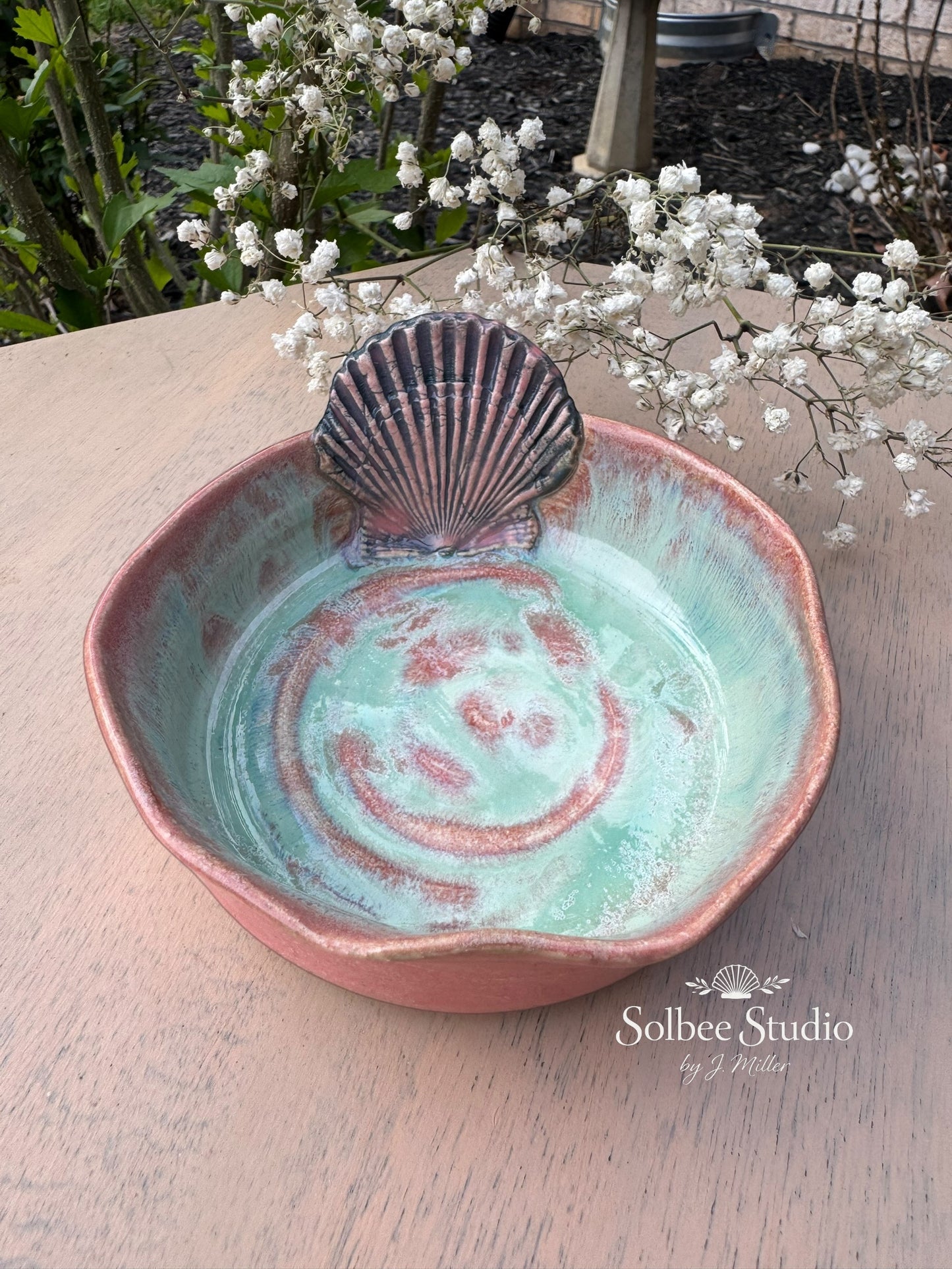 Handmade Ceramic Shell Trinket Dish – Rose Glaze Ring Holder, Rustic Boho Decor