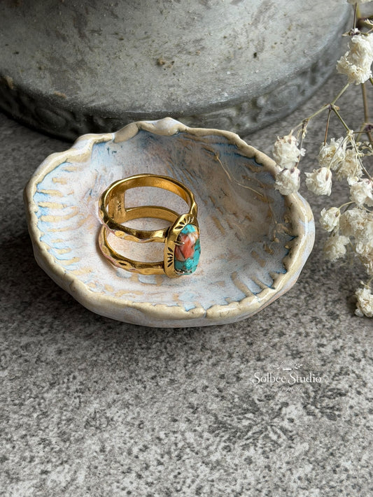 Handmade Shell Ring Dish | Neutral Coastal Trinket | Textured Ceramic Jewelry Holder | Rustic Beach Pottery | Ocean Inspired