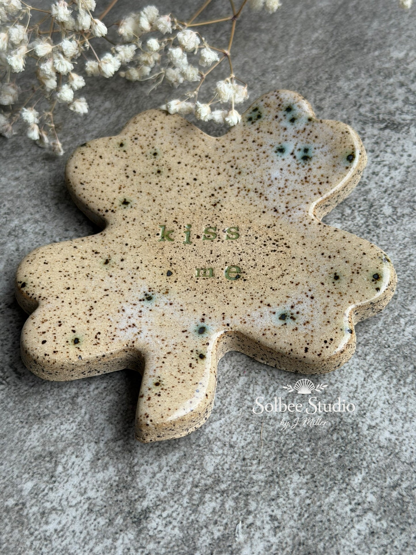 Four Leaf Clover Ring Dish – “Kiss Me” Irish Trinket Dish – Handmade Ceramic Jewelry Holder – Lucky Clover Pottery