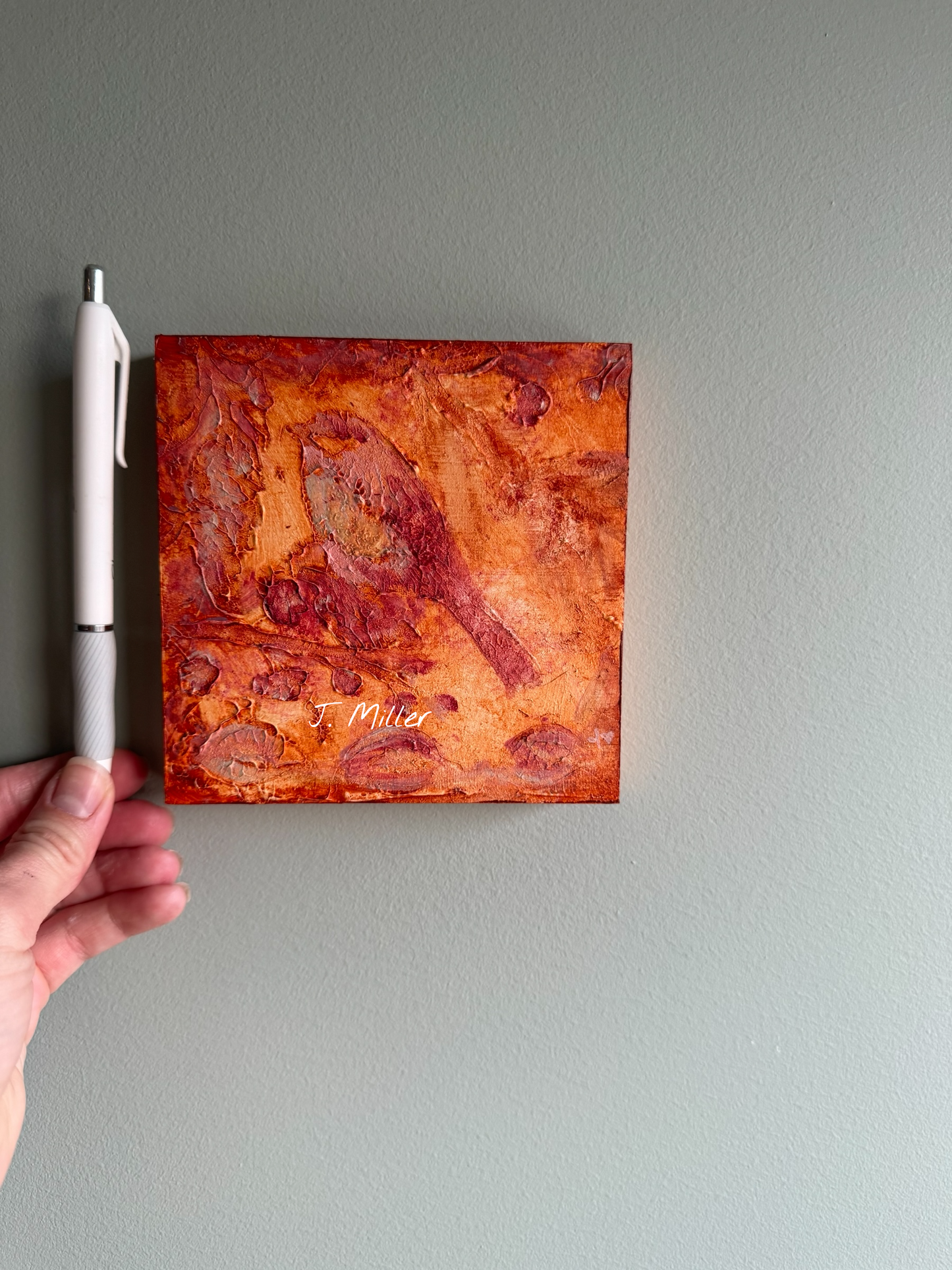 Bohemian Bird Texture Art, Original 5x5 Art Panel "Ember"