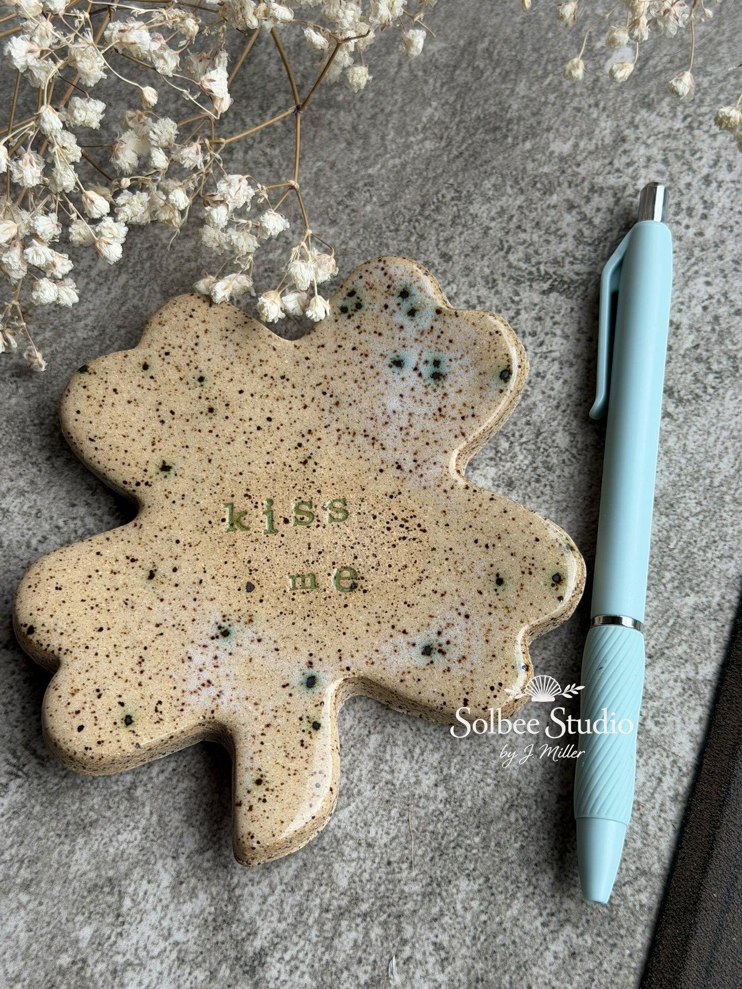 Four Leaf Clover Ring Dish – “Kiss Me” Irish Trinket Dish – Handmade Ceramic Jewelry Holder – Lucky Clover Pottery