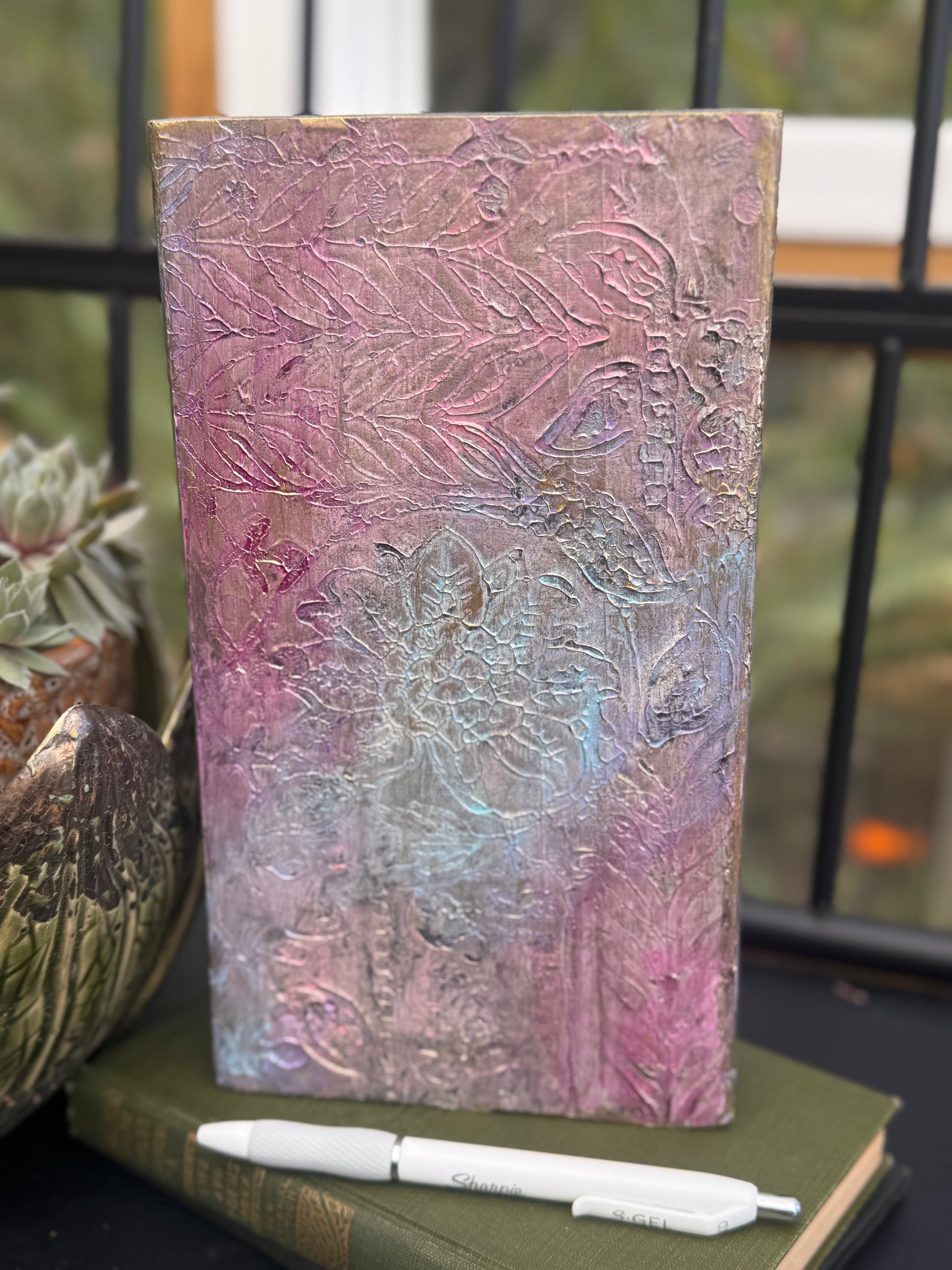 Handmade Textured Relief Art | Shimmery Botanical Boho Relief | Mixed Media Boho Decor