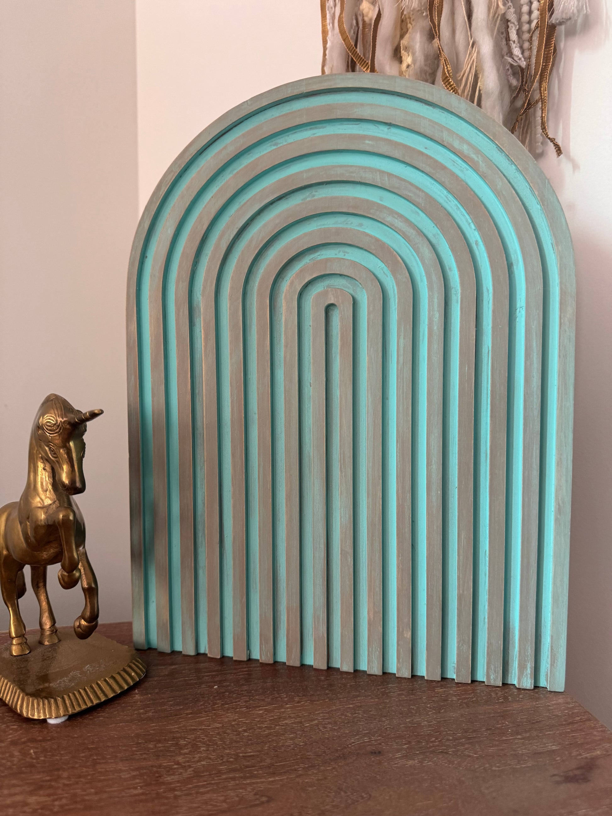 Boho Modern Arch Decor - Turquoise Wood Accent Panel, Handpainted