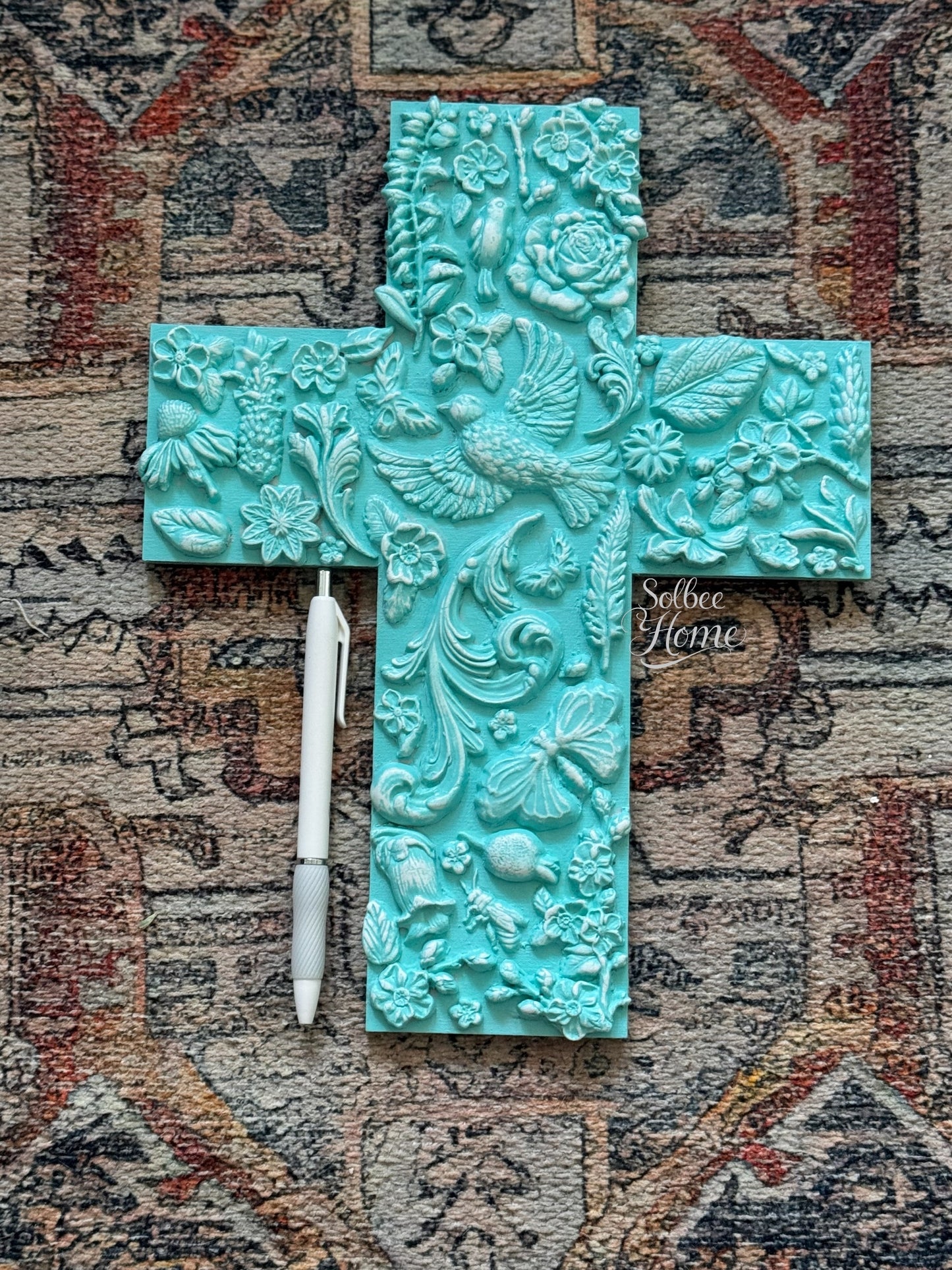 Handmade Cross Wall Decor, Mixed Media Art, Faith, Religious Turquiose
