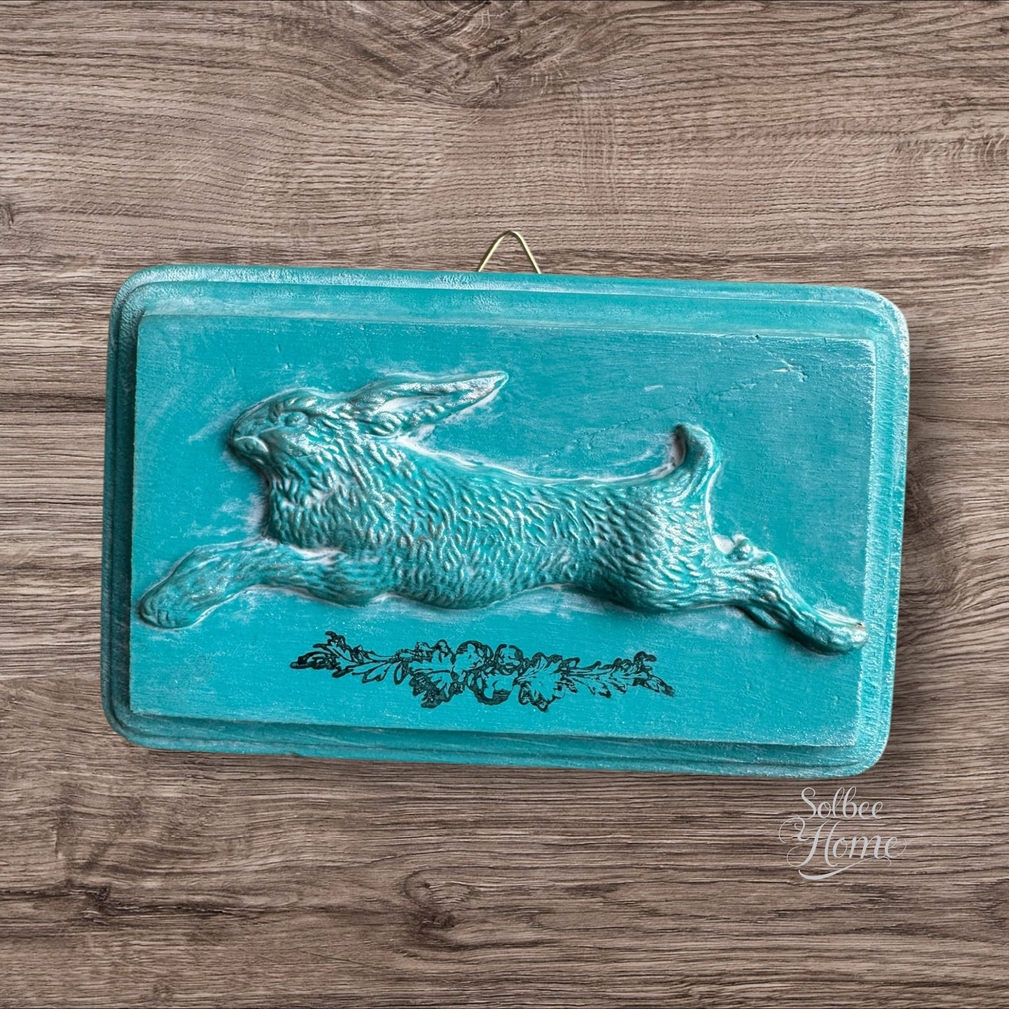 French Country Rabbit Mini Plaque, Collage Wall, Relief Plaque, Wall Decor, Handcrafted Bunny Teal