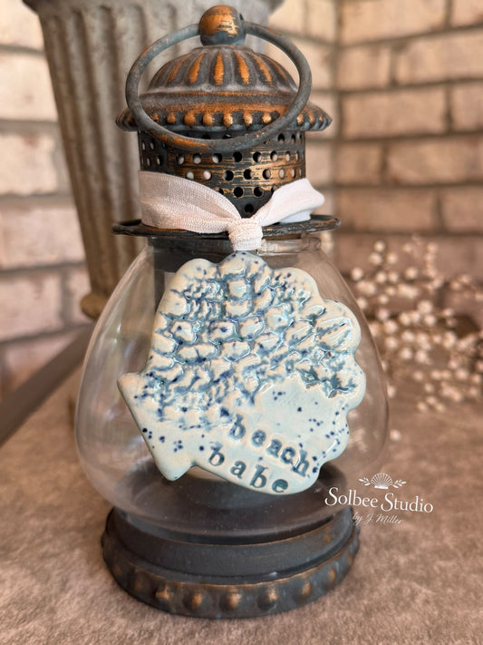 Handmade “Beach Babe” Ceramic Ornament | Coastal Cottage Decor | Ocean Inspired Pottery Tag | Boho Beachy Gift | Blue Textured Clay Ornament