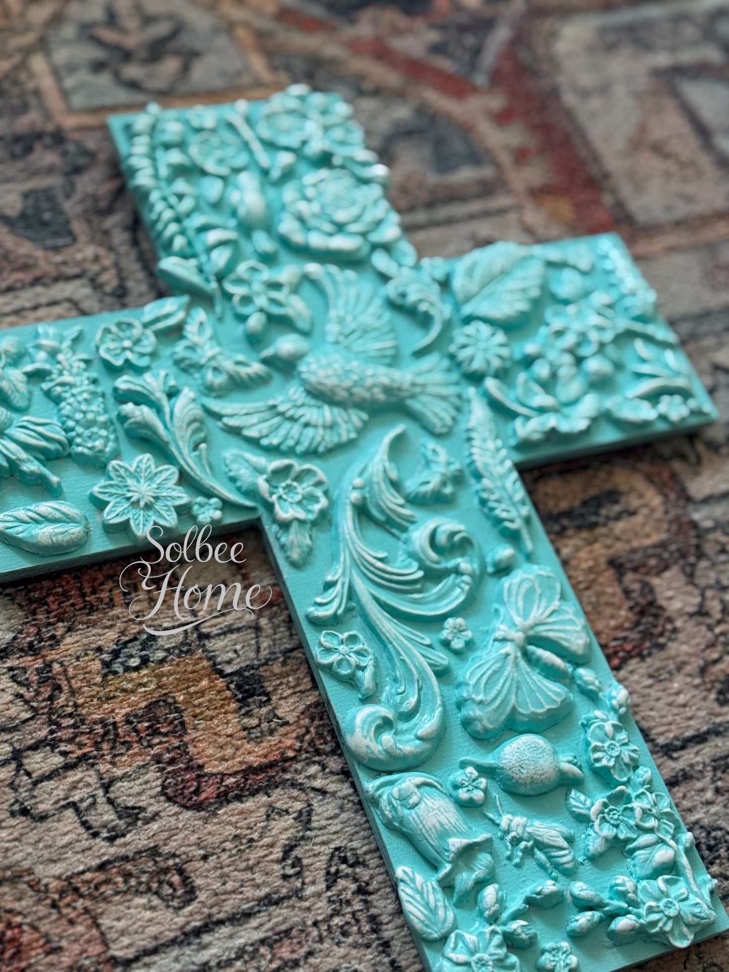 Handmade Cross Wall Decor, Mixed Media Art, Faith, Religious Turquiose