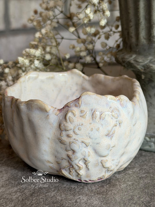 Whimsical Handmade Ceramic Pinch Pot | Relief Mini Pottery Bowl | Cottagecore Trinket Dish | Fairy Garden Vessel
