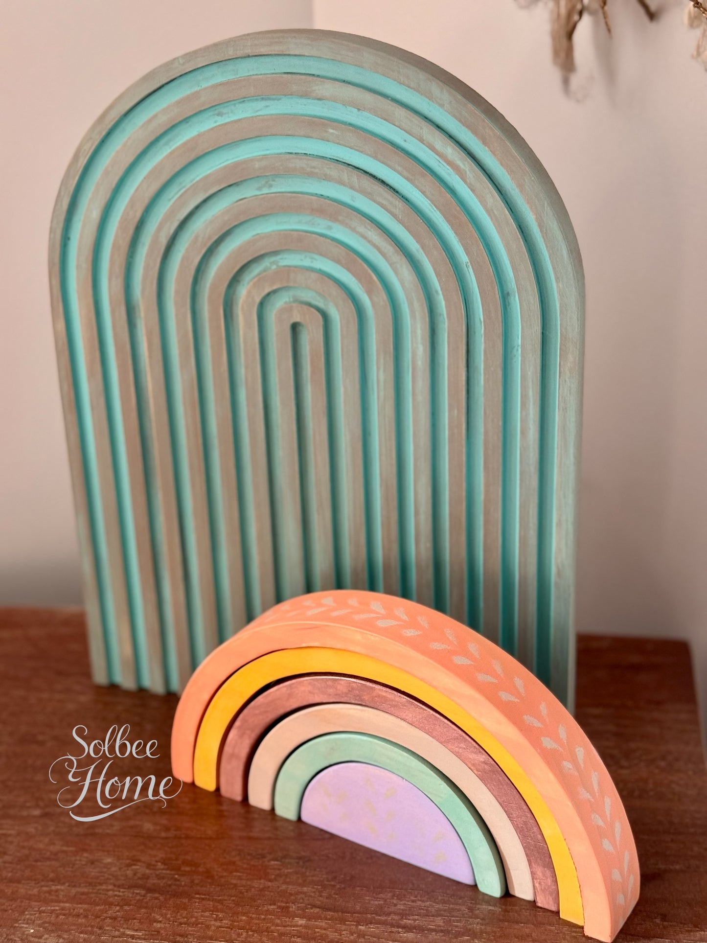 Wooden Rainbow Stack - Boho Decor, Handpainted