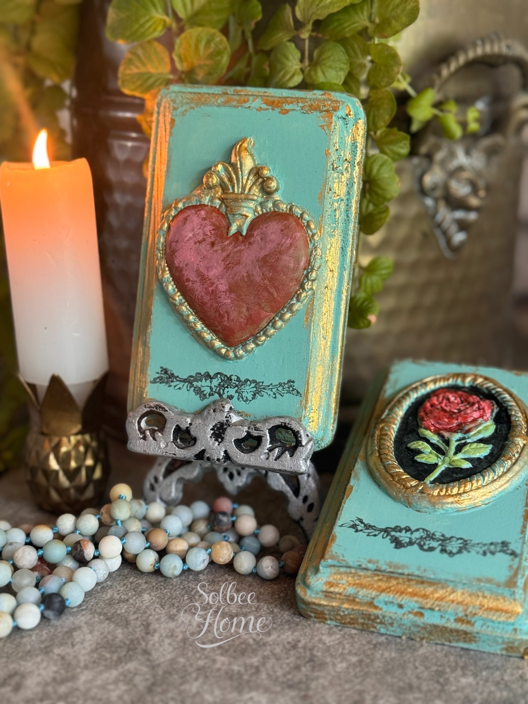 Sacred Heart Mini Plaque, Collage Wall, Relief Plaque, Wall Decor, Handcrafted, Teal Corazon