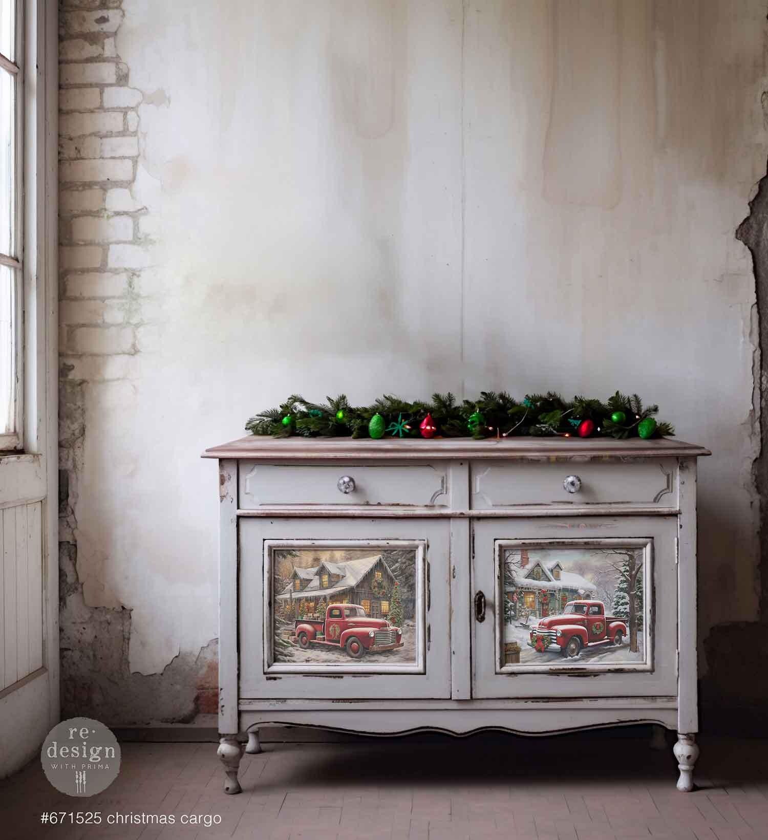 Christmas Cargo A3 Decoupage Fiber Pack 3 sheets, ReDesign With Prima, Furniture Upcycling DIY Decor Decoupage Red Truck, Country