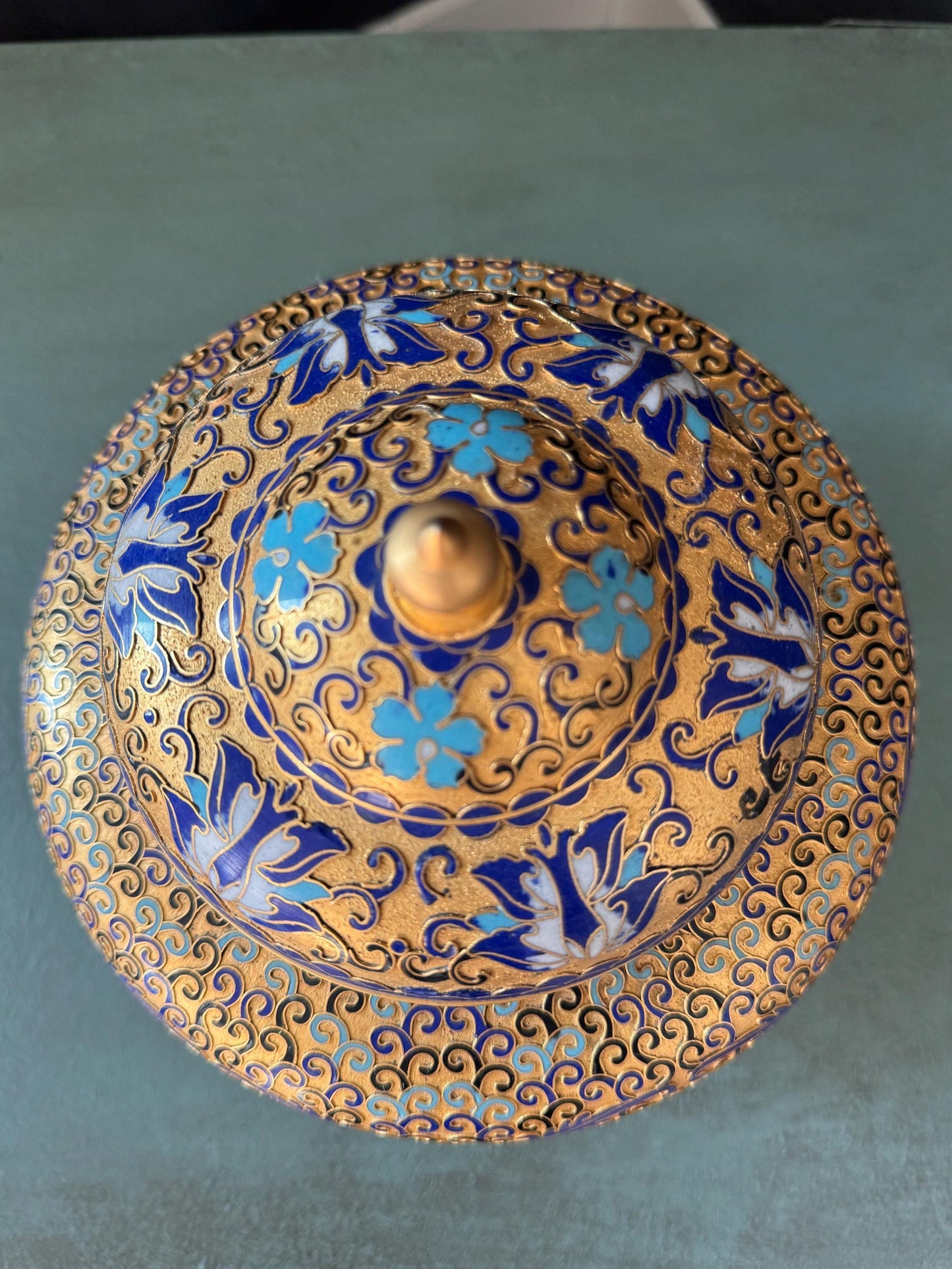 Cloisonne Enamel Ginger Jar with Wooden Base, Gold, Blues, Finial top