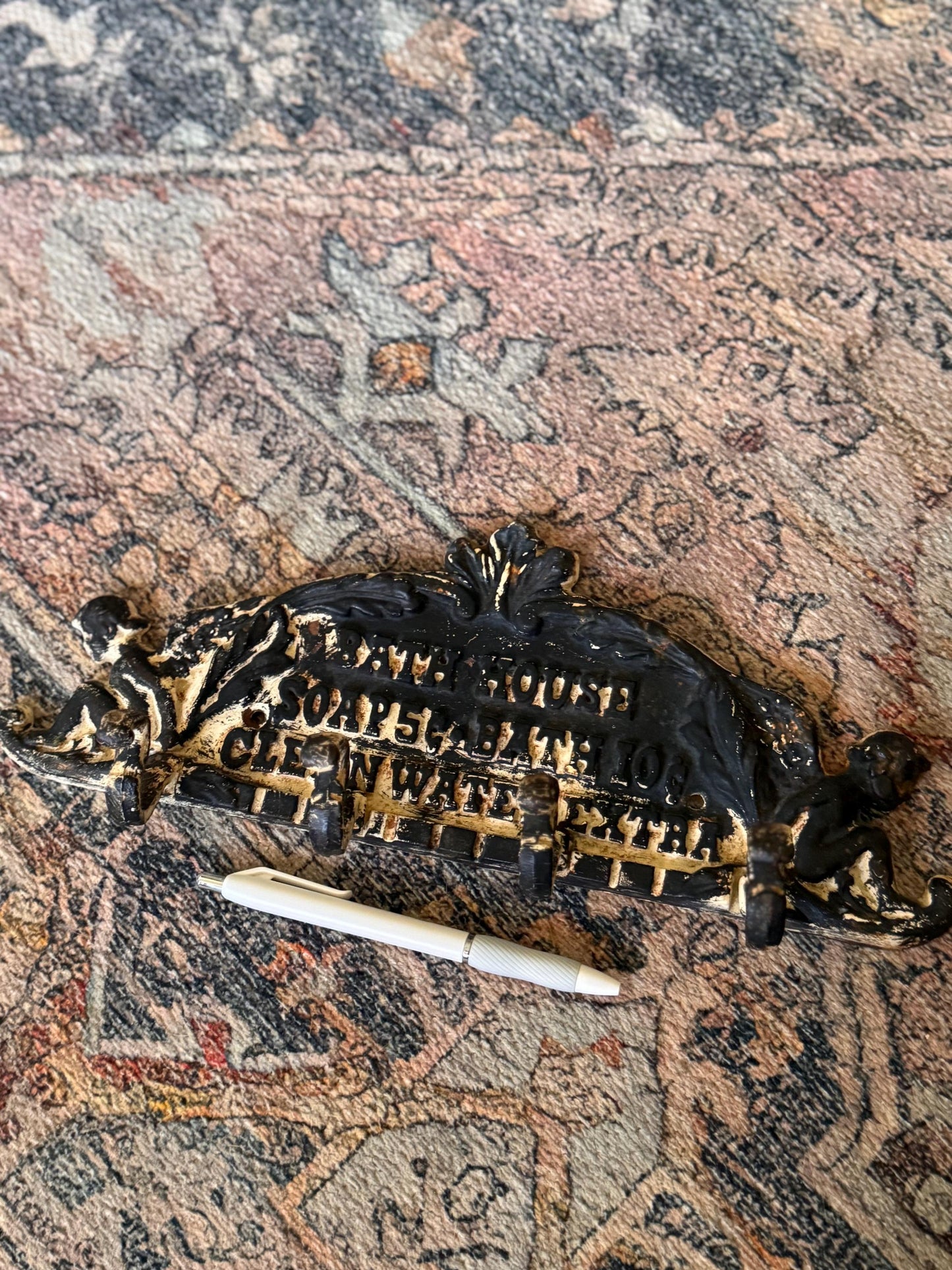 Antique Cast Iron Towel Hook Rack: Rustic Farmhouse Bathroom Decor