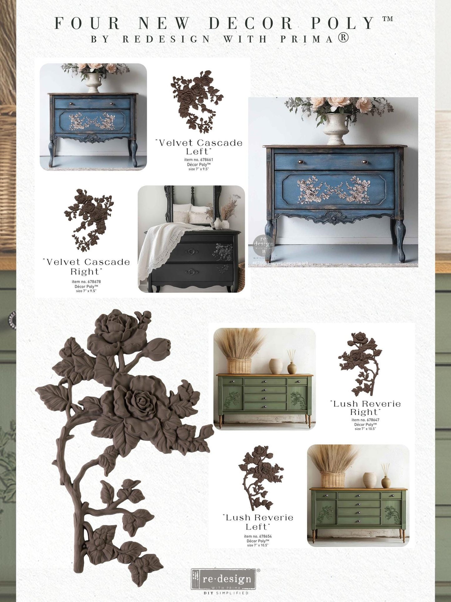 Velvet Cascade RIGHT, Decor Poly, Applique, Redesign with prima, 9.5" x 7" x 0.5"