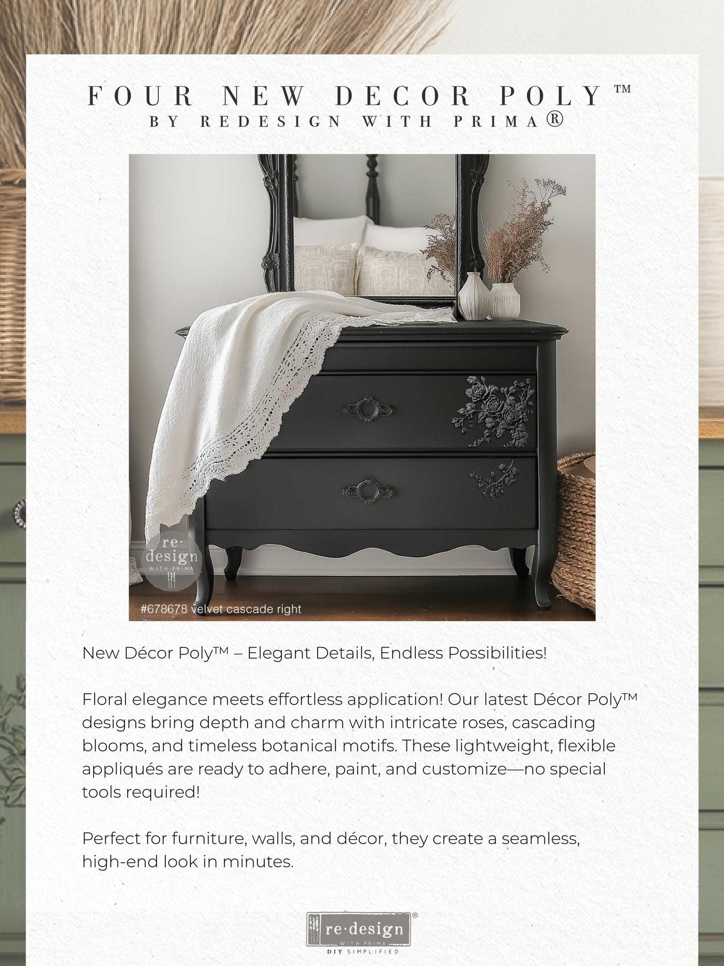 Velvet Cascade RIGHT, Decor Poly, Applique, Redesign with prima, 9.5" x 7" x 0.5"