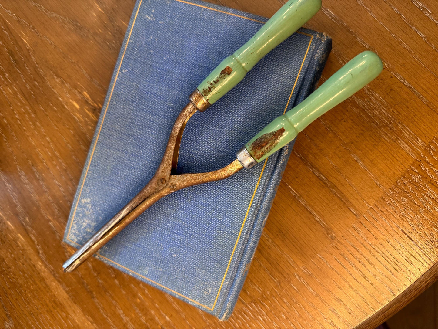 Antique Curling Iron Tool, Green Handles