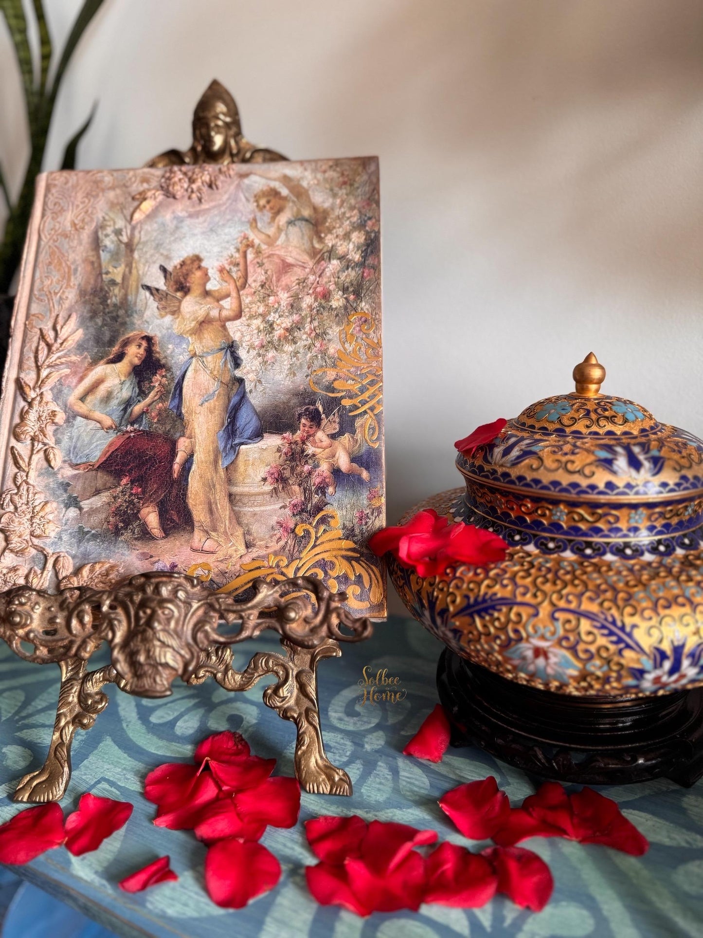 Cloisonne Enamel Ginger Jar with Wooden Base, Gold, Blues, Finial top