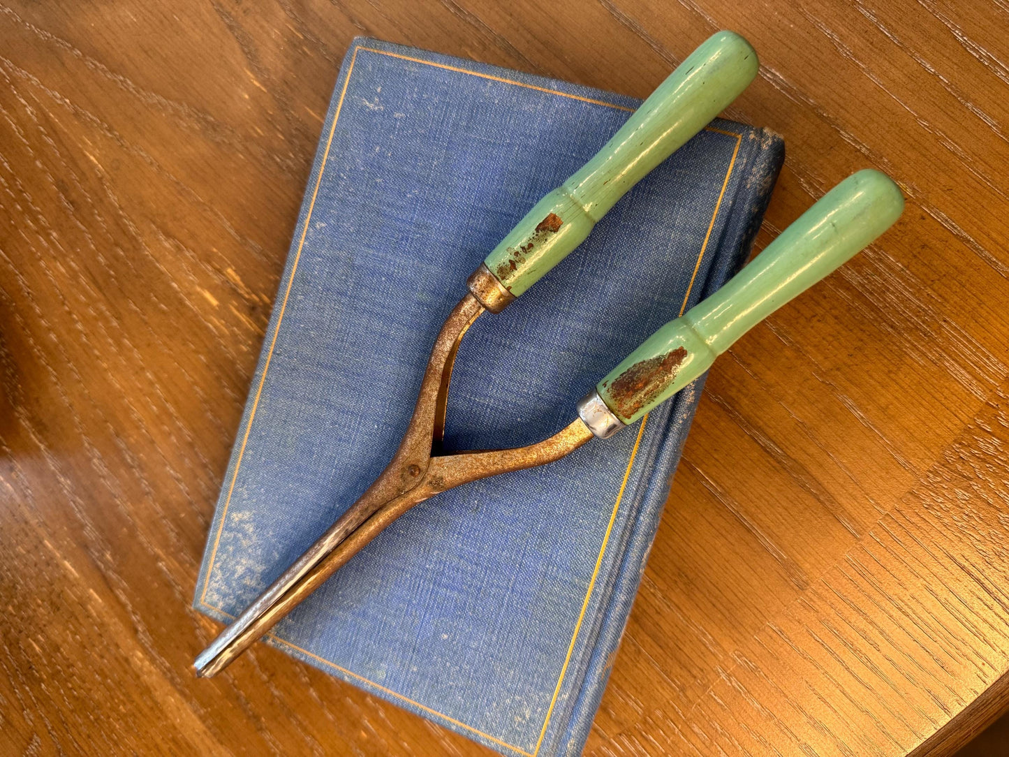Antique Curling Iron Tool, Green Handles